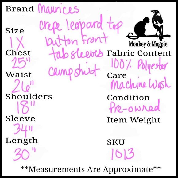 Maurices Leopard Animal Print Cream Brown Black Crepe Button Up Tab Sleeves 1X - Picture 10 of 10